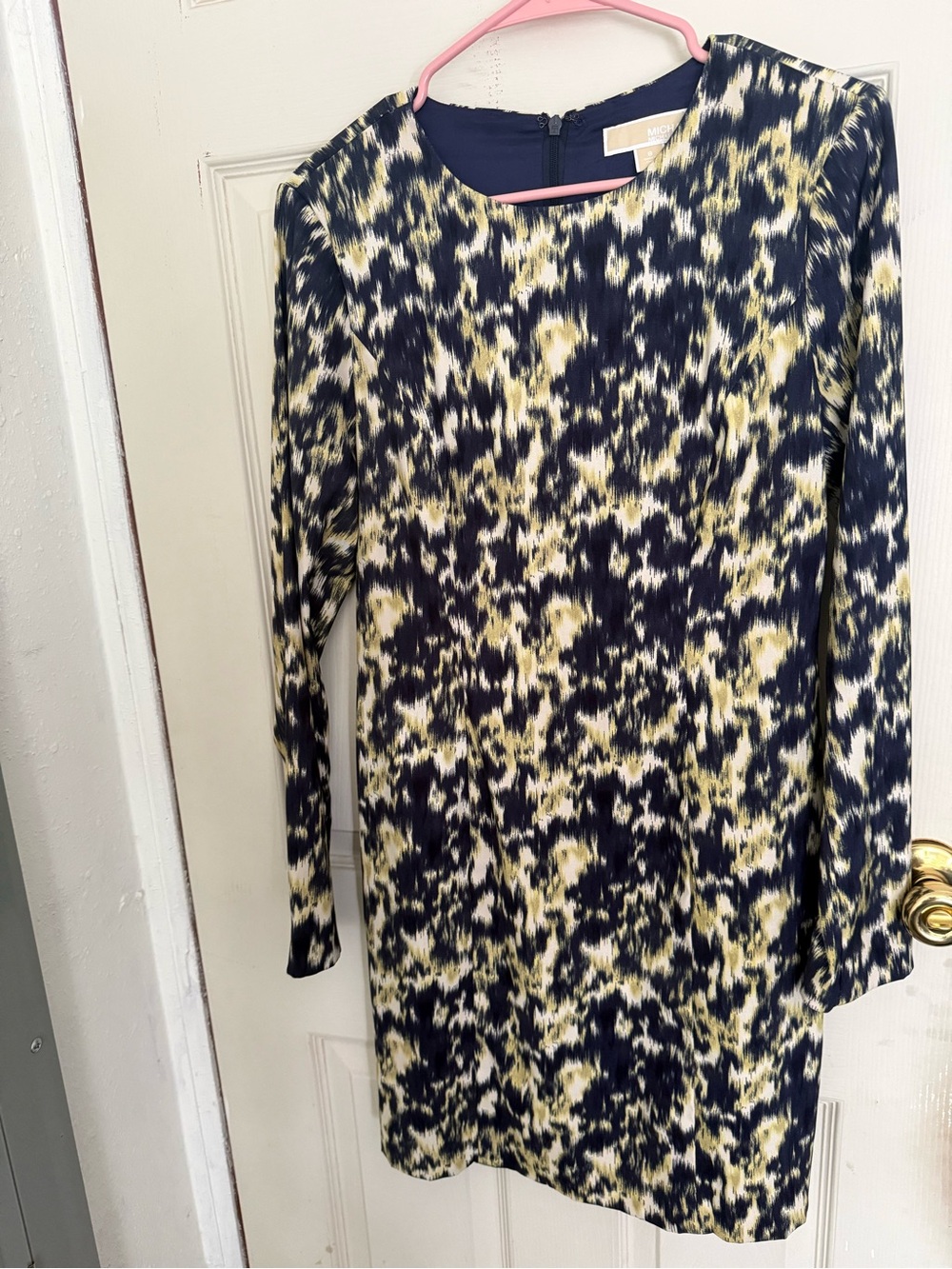 Michael Kors Long Sleeve Abstract Shift Dress in Navy and Cream